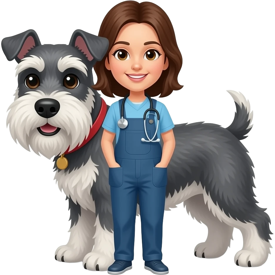 Haz un emoji de una morena veterinaria con un Schnauzer emoji