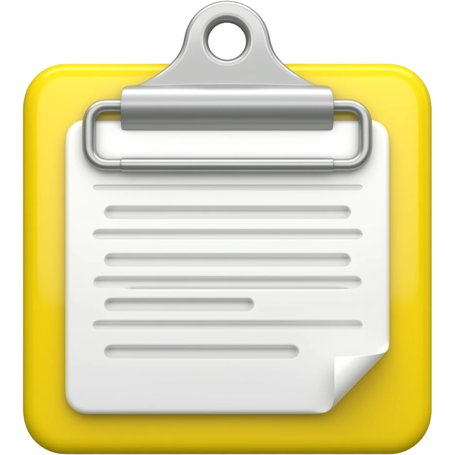 Create high-quality glossy emojis with a vibrant modern style.Make the emojis look premium, shiny, and eye-catching with bright highlights, smooth gradients, soft reflections, and glowing details.  3D yellow clipboard icon emoji