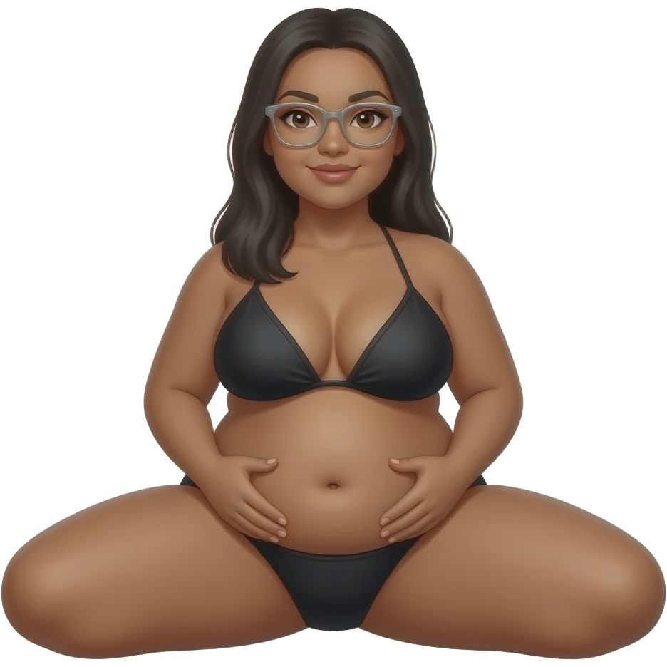 chubby tanned woman with long stright black hair, silver  thin framed glasses, black bikini, with 2 belly rolls on each side of torsositting with legs spread knees up emoji