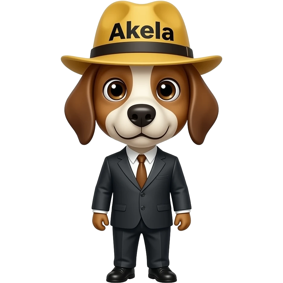 perro con una gorra amarilla con negro que diga akela con un traje emoji