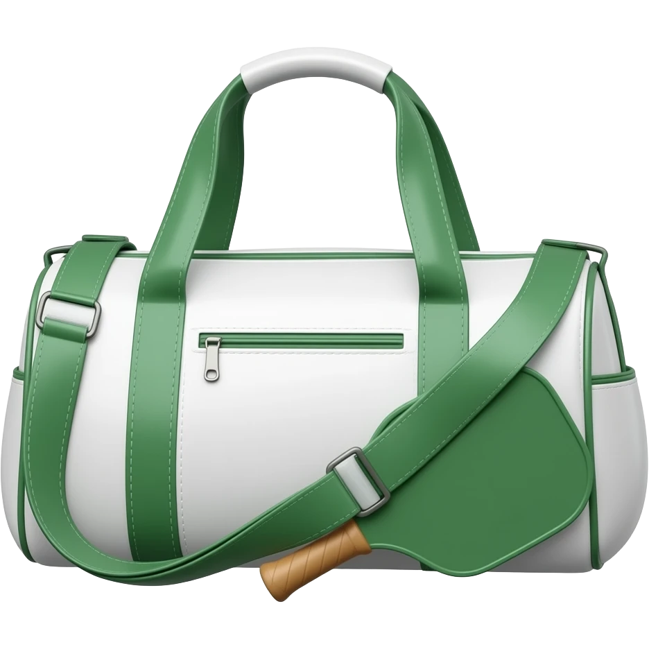 Apple iOS style white sports bag emoji, glossy 3D duffel bag with visible front paddle pocket holding a pickleball paddle, green accent details and piping, minimal luxury design, front-facing, smooth shading, ultra detailed, clean background, premium iOS emoji aesthetic emoji
