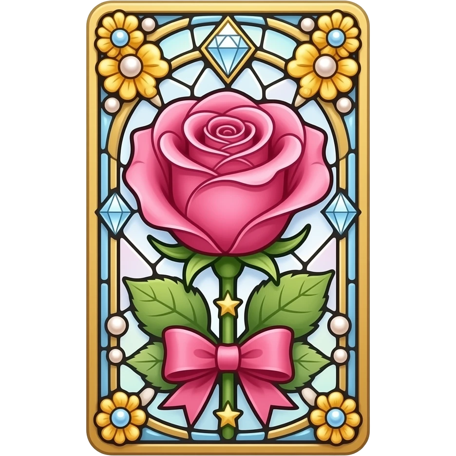 TAROT CARD, The Stained Glass Pink Rose, ornamented in gold and flowers and diamonds and pearls and stars and ribbon bows. emoji
