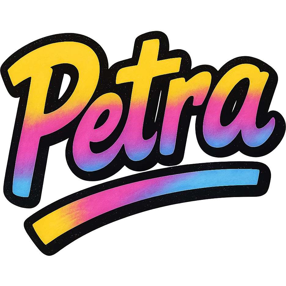 Petra name in modern colorful gradient font with dark outline, dynamic slanted or partial underline, transparent background, in the style of reference patterns emoji