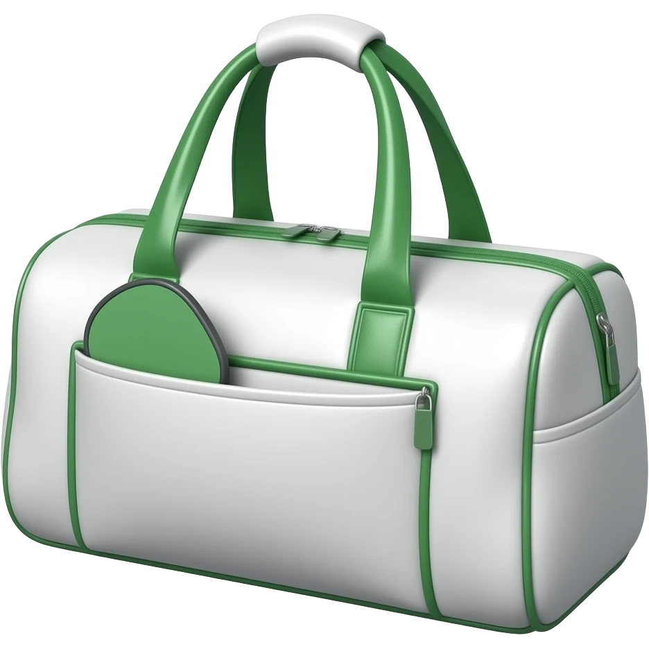 Apple iOS style white sports bag emoji, glossy 3D duffel bag with visible front paddle pocket holding a pickleball paddle, green accent details and piping, minimal luxury design, front-facing, smooth shading, ultra detailed, clean background, premium iOS emoji aesthetic emoji