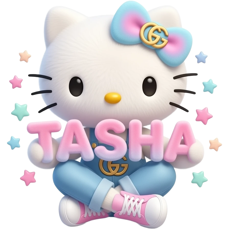 4D Velvety fur texture hello kitty wearing ombre white and blue and pink ombre pastel colored skinny jeans and sneakers, and with the Gucci symbol on her ombre pastel bow sitting down holding the velvety 3D outlined letters TASHA and surrounded with tiny ombre pastel stars made of candy emoji
