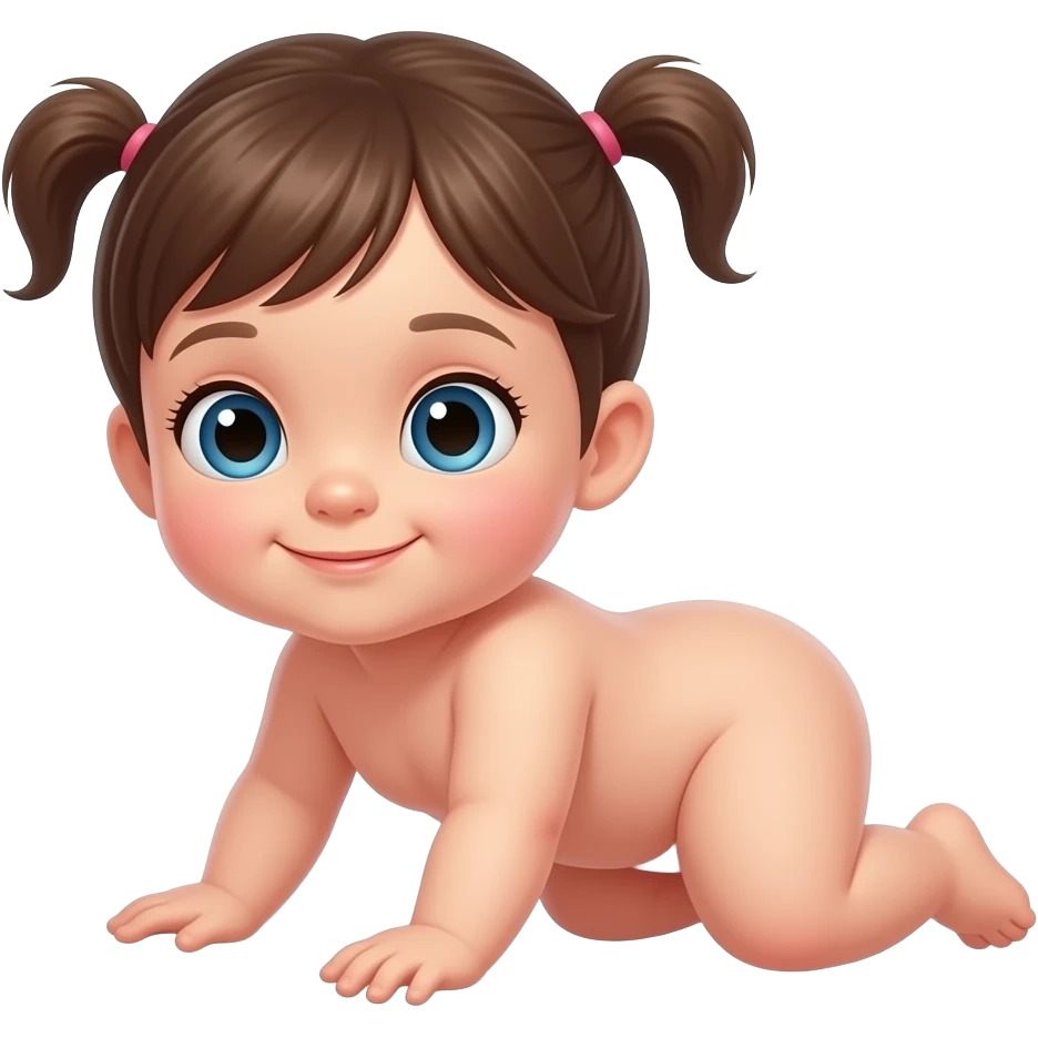 Niña de un año gateando desnuda  con su año de frente emoji