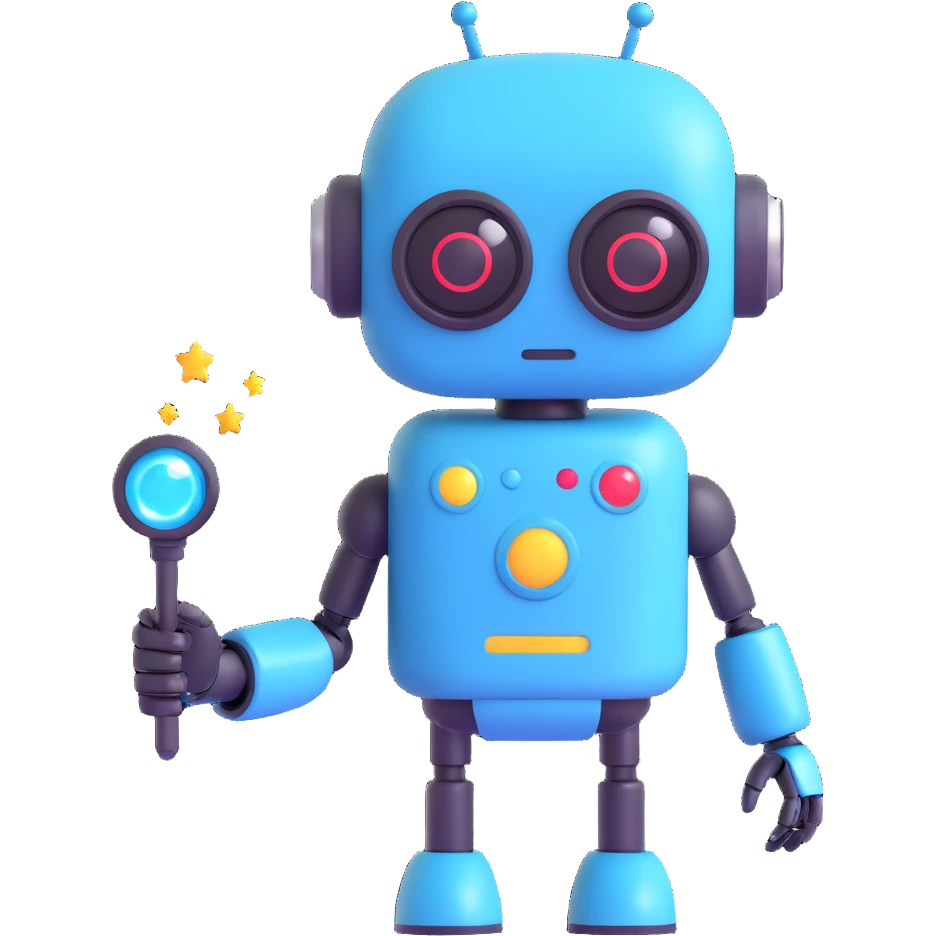 A cute robot is holding a magic wand emoji