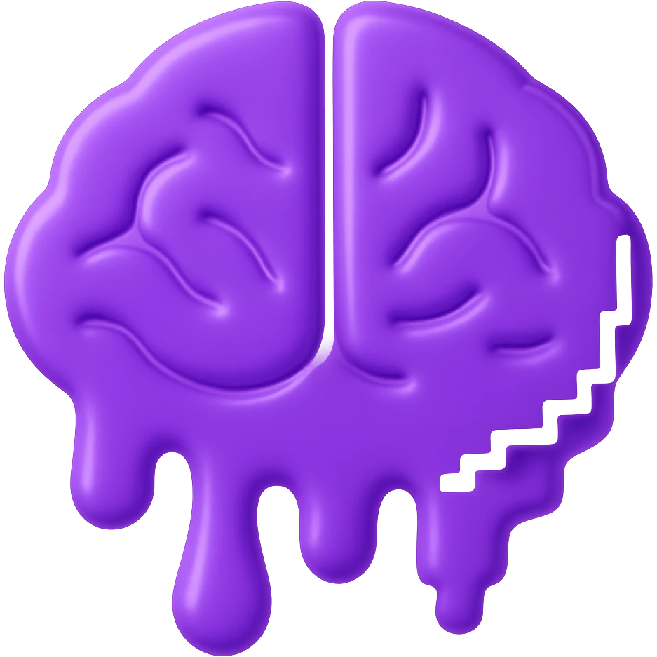 Make this 3D purple melting brain icon fully front facing (not isometric), keep pixel art accents and shiny look, with transparent background. emoji