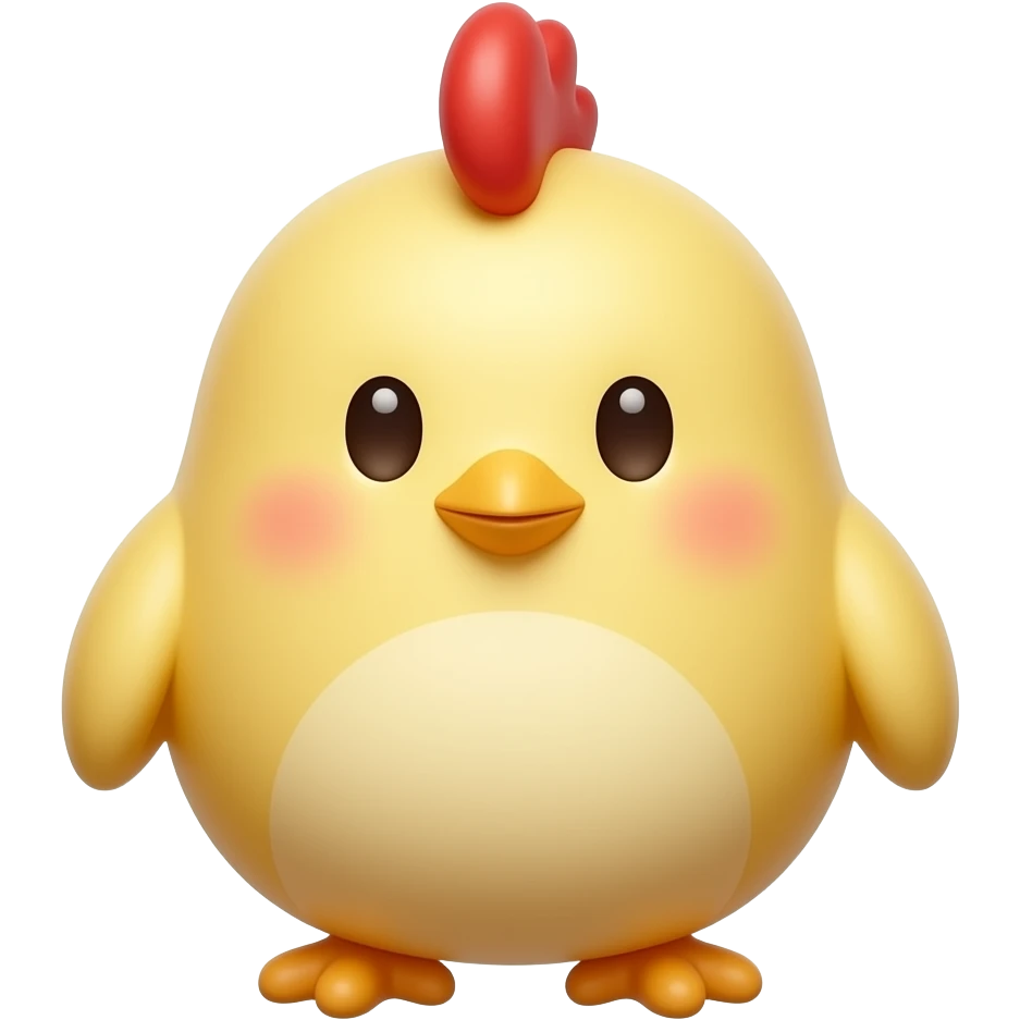 Apple emoji-style 3D cute chicken, small round body, tiny wings, short beak, small red comb, soft glossy texture, warm yellow and cream colors, chubby adorable shape, simple white background, centered composition, minimal cute icon style. emoji