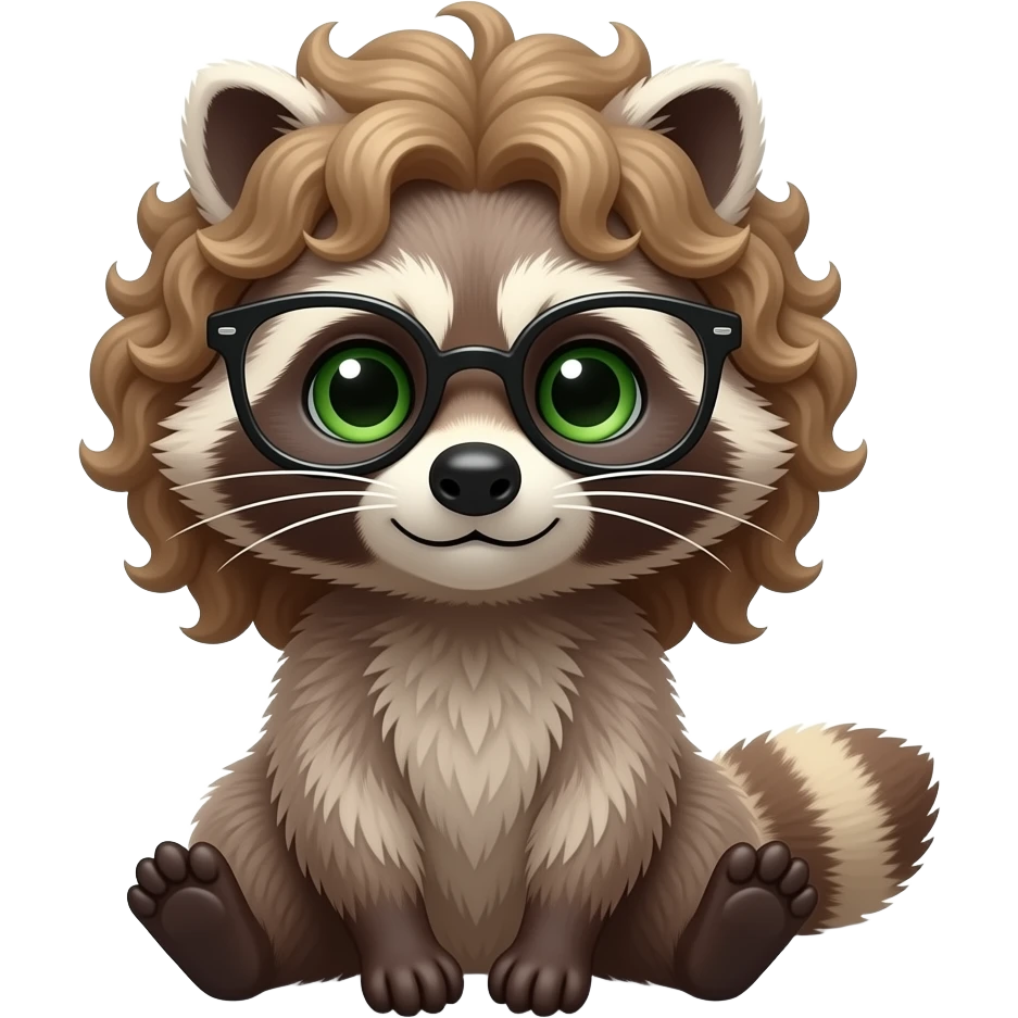 racoon with light brown and blonde highlights curly thick shoulder length hair and glasses, with green eyes emoji