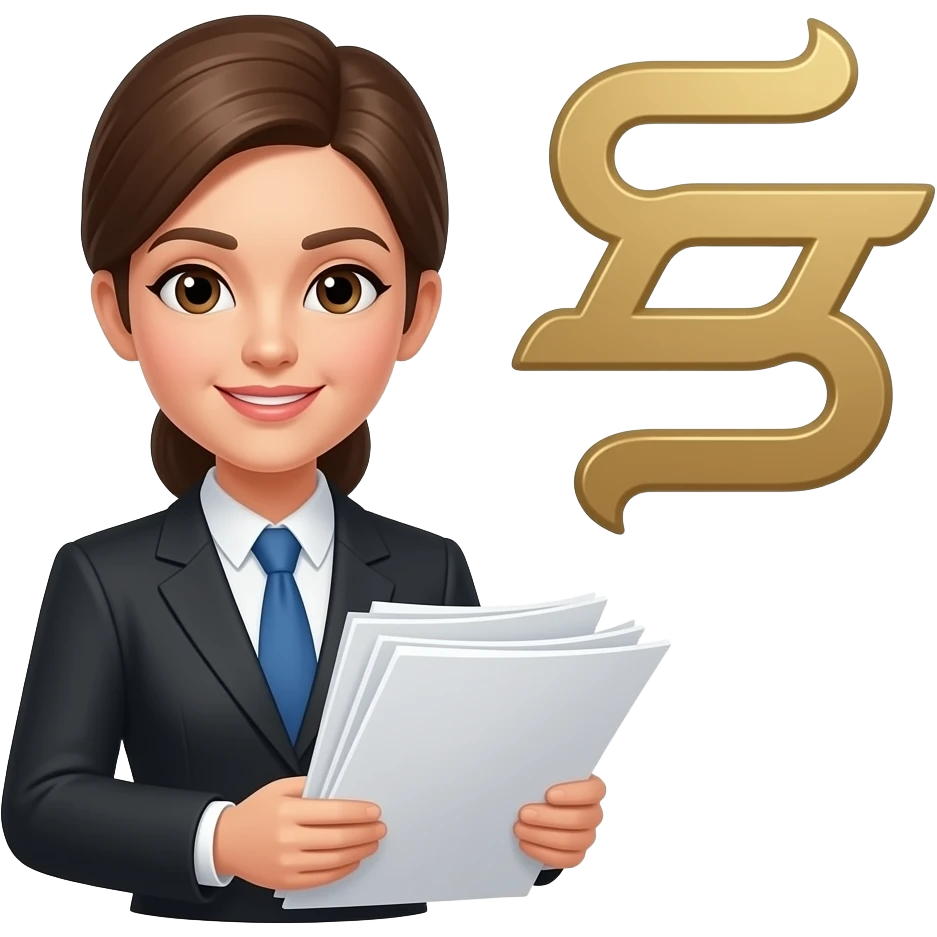 lawyer woman with documents in hand and libra next to her head emoji