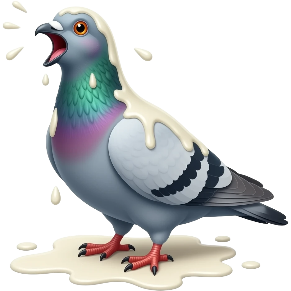 Pigeon covered in milk, all over the Pigeon, milk, the milk is on the floor, the Pigeon screaming at the air emoji