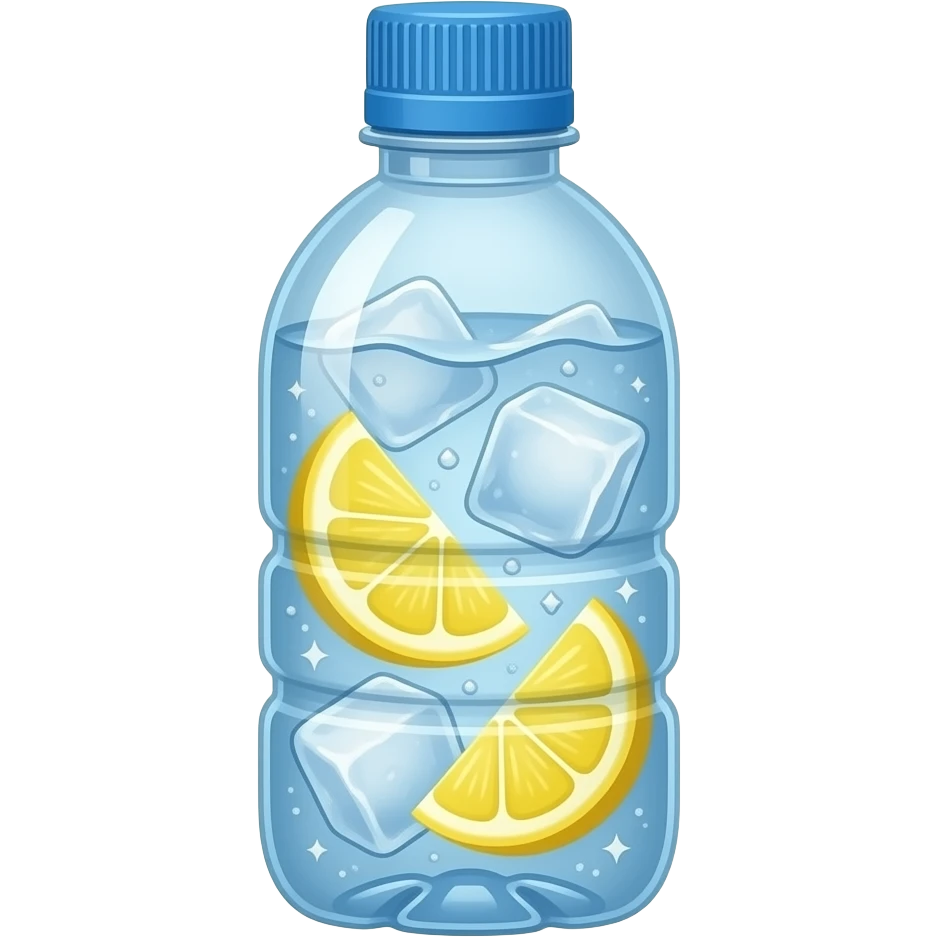 Cute refreching water bottle with ice and lemon slices emoji