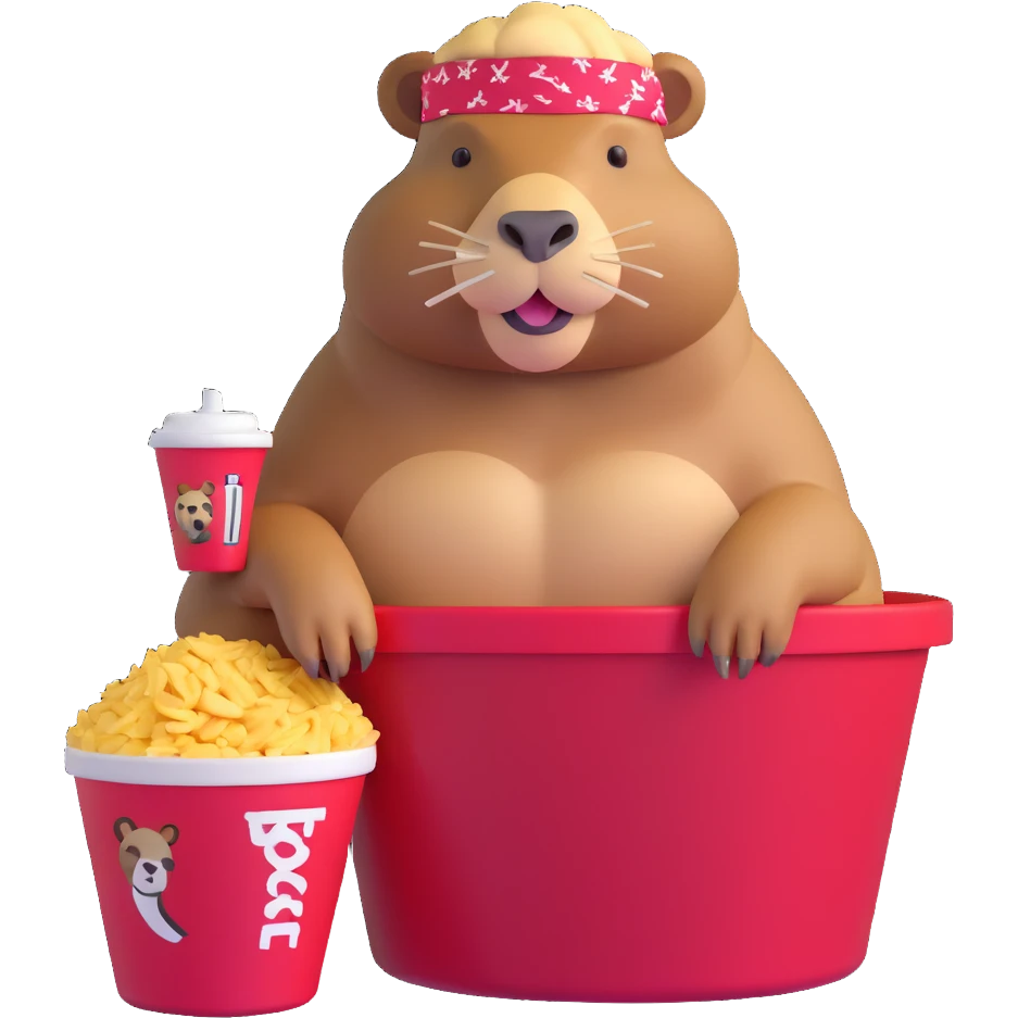 Muscular capybara with Johnny Depp features, goatee, bandana, earrings, sitting in a KFC bucket emoji