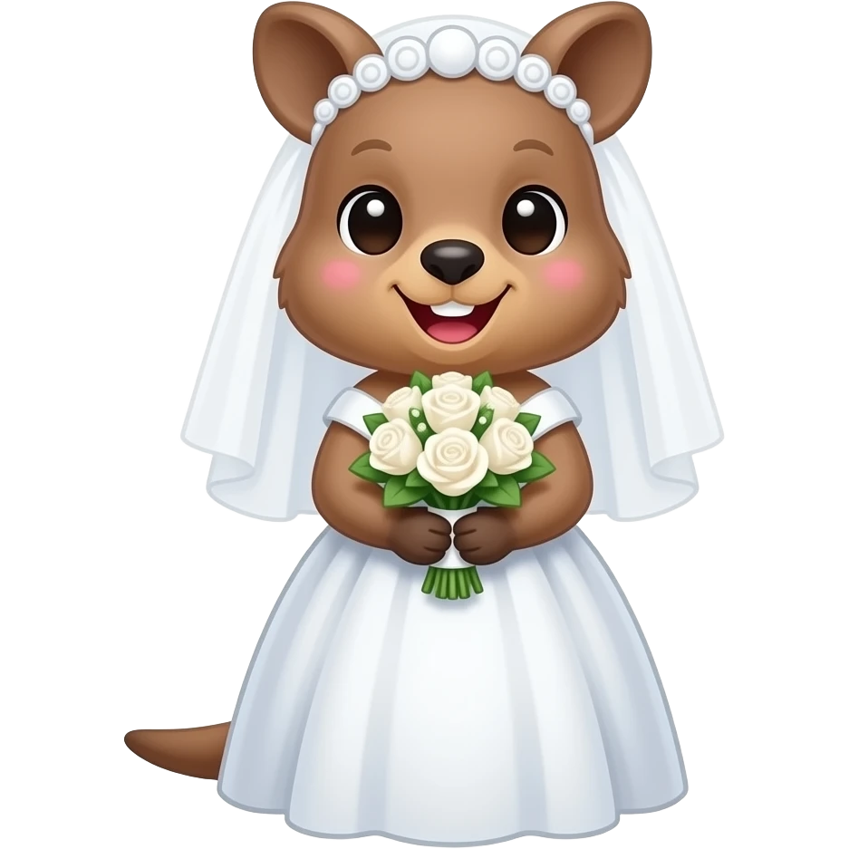 부케를 들고 활짝 웃는 귀엽고 예쁘고 깜찍한 쿼카 신부. emoji