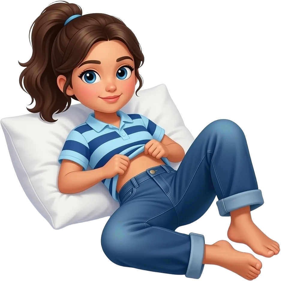 Hispanic girl with brown ponytail and blue eyes light blue and dark blue polo and dark blue baggy jeans and belly button laying down on her pillow on her bed showing her feet lifting her shirt emoji