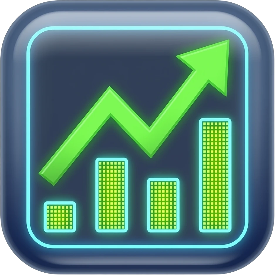 Digital bar chart morphing into a fast-growing plant, 3D icon, neon accents, sleek tech style. emoji