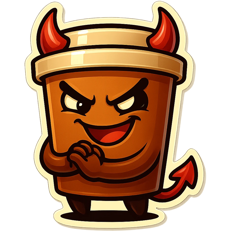 Tall coffee cup, devil horns, smirking, evil, rubbing hands together, laughing emoji