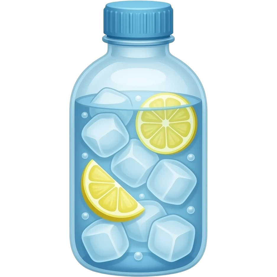 Cute refreching water bottle with ice and lemon slices emoji