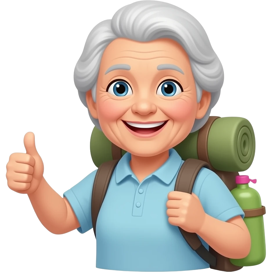 old lady backpacking, smiling, thumbs up emoji