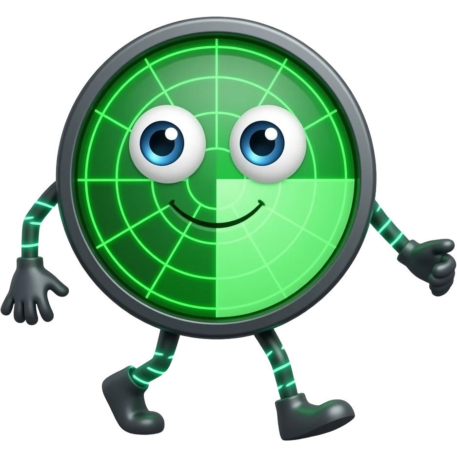 A full-body mascot shaped like a walking green radar screen, glowing ...