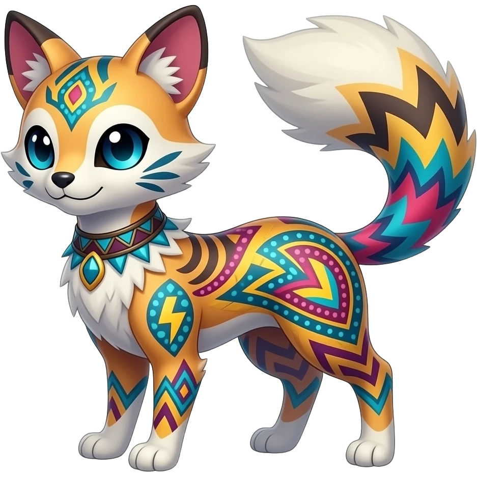 Colorful spunky elegant thin Realistic tall slim unique fantasy original shiny smooth soft flurry edgy cool Civet-Absol-Sprigatito-Vaporeon-Fakémon-hybrid with tribal chevron heart floral lightning bolt strikes damask paisley markings emoji