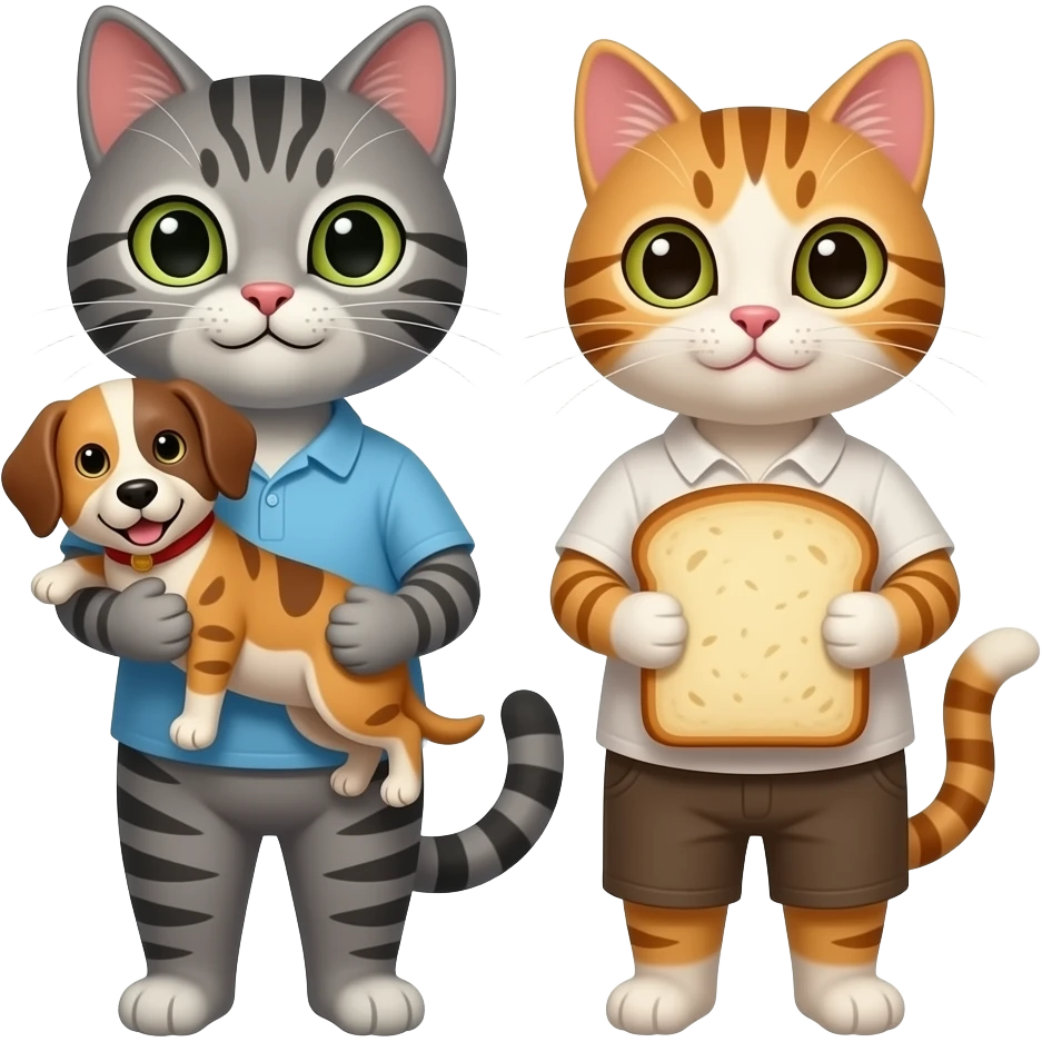 кот мотроскин с полосками в руках у него собака и  кот с хлебом  в руках emoji