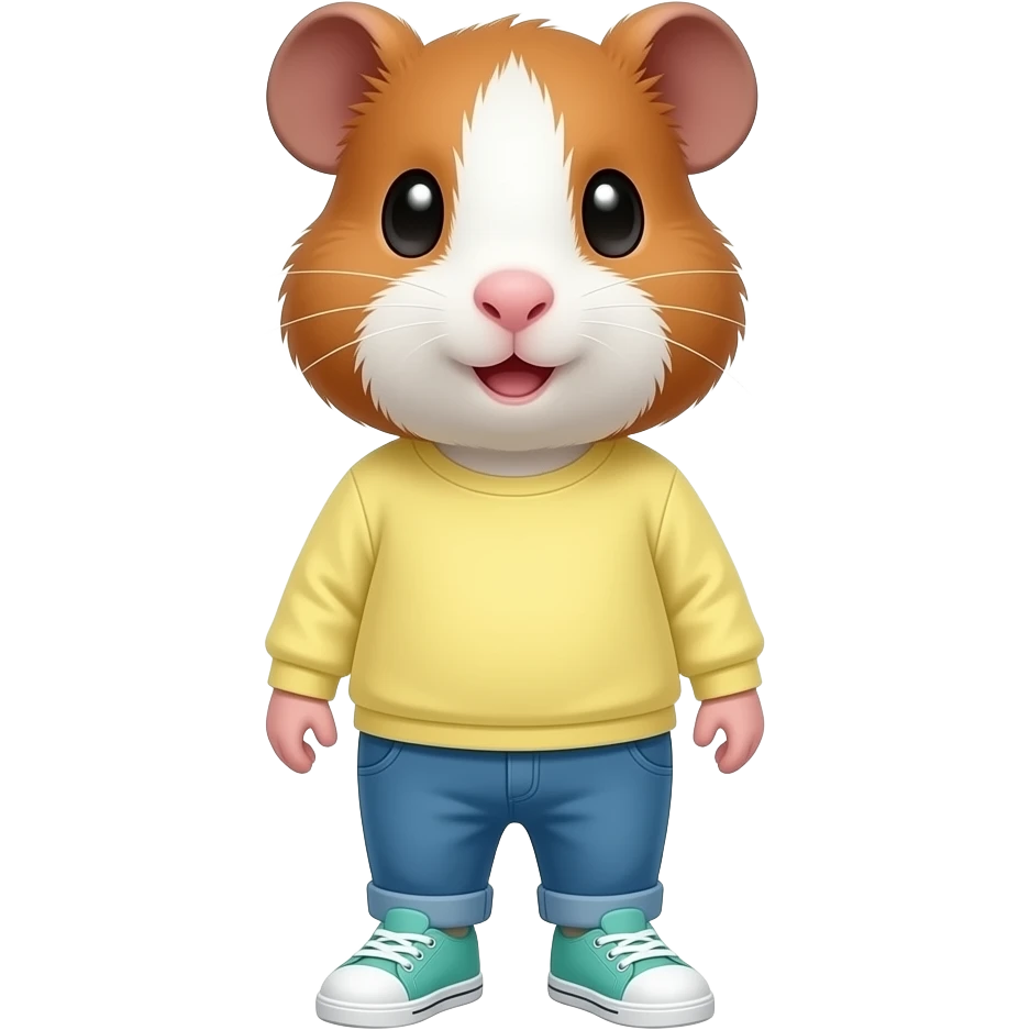 brown and white guinea pig with long sleeve light yellow top, blue pants, and light teal sneakers emoji