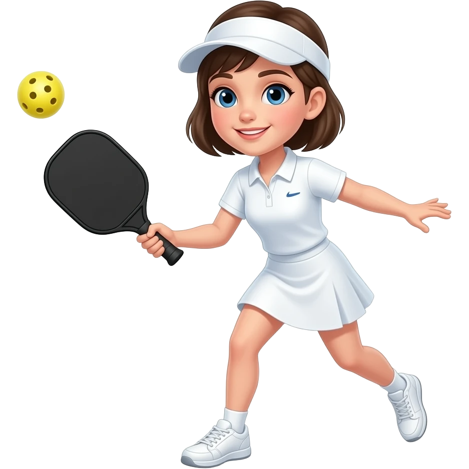short haired blue eyed girl wearing sun visor, white polo shirt, white skirt, and playing pickleball with flat black foam paddle, yellow pickleball 10 holes,  and white snickers emoji