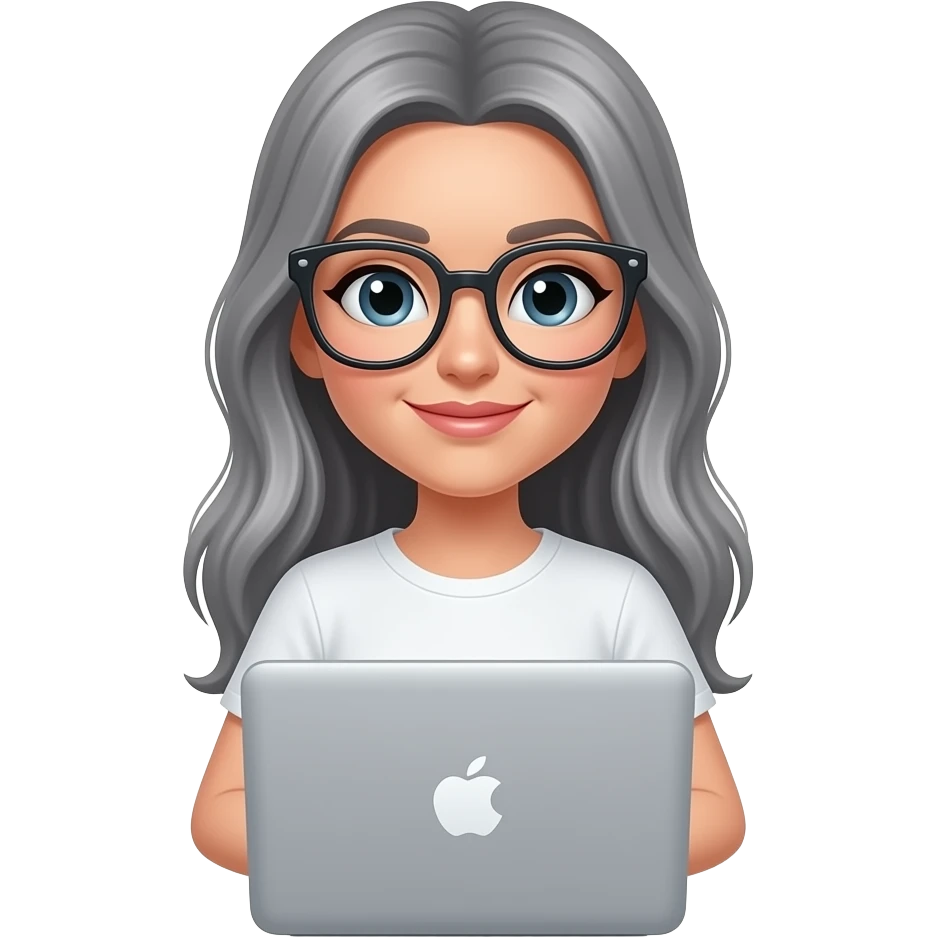 Beautiful ady in big glasses, grey long hair, sitting with silver MacBook, wearing white t shhirt emoji
