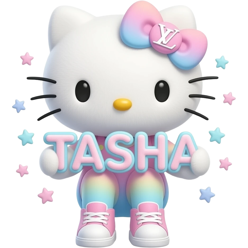 4D Velvety fur texture hello kitty wearing ombre white and blue and pink ombre pastel colored leggings and sneakers, and with the Louis Vuitton symbol on her ombre pastel bow sitting down holding the velvety 3D outlined letters TASHA and surrounded with tiny ombre pastel stars made of candy emoji