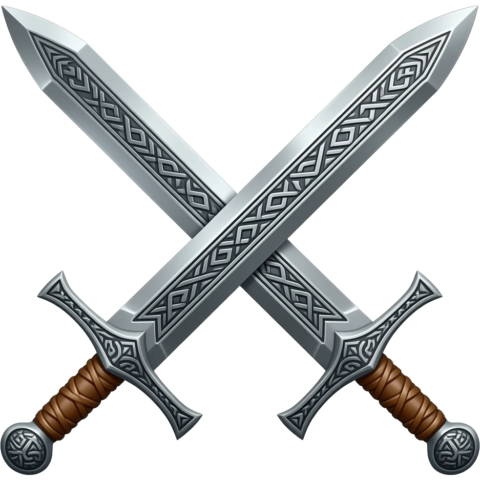Two swords, Right sword over the left sword, in a X pattern, engraved with ornate Norse markings, wooden handles with leather straps emoji