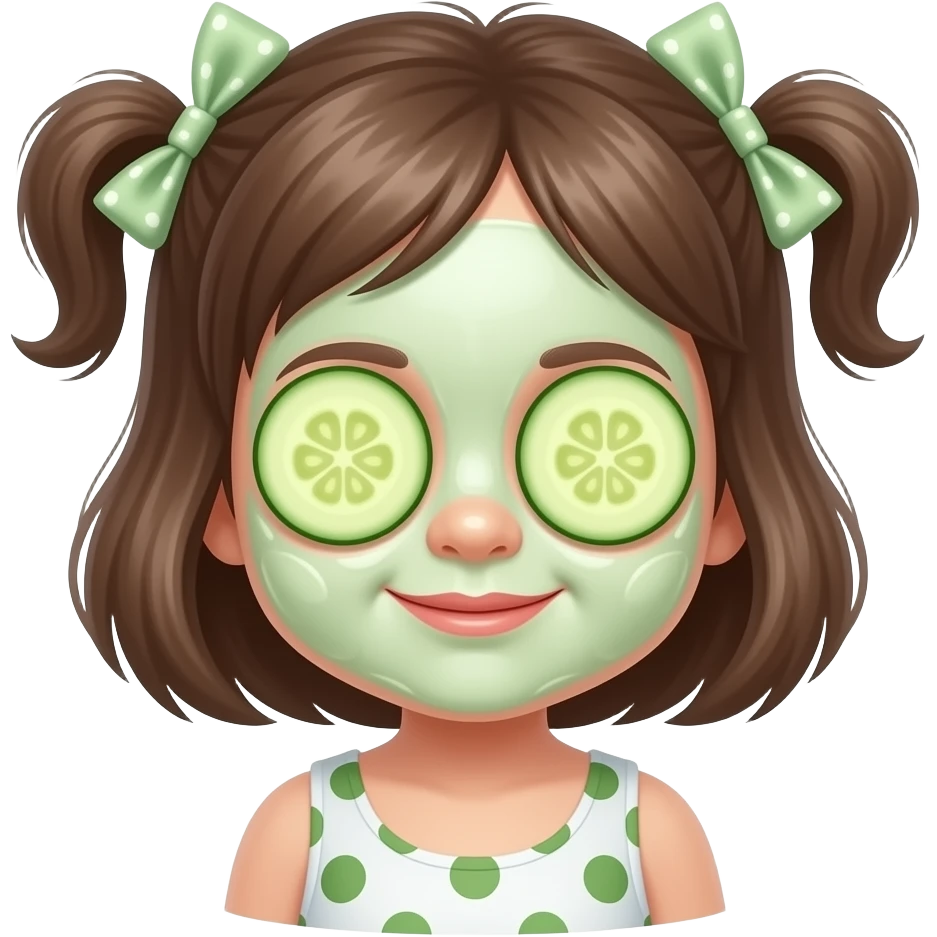 Baby with face cream all over her face and cucumbers on her eyes emoji