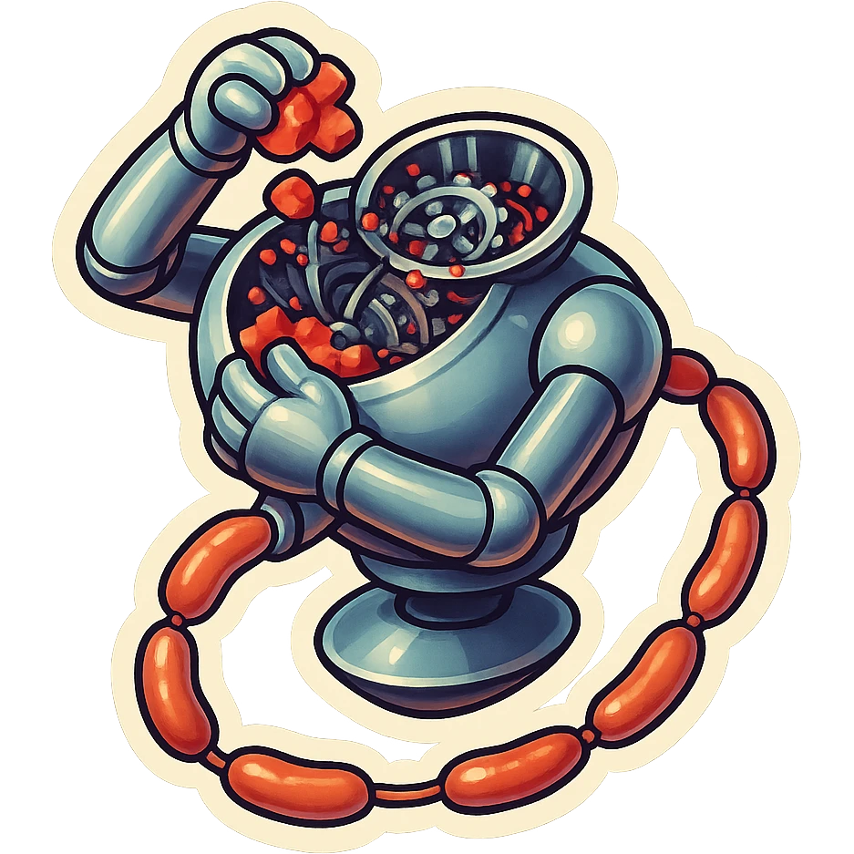 hovering robot. stuffs material into large hole on its top with 2 arms. no head. hole is where a head would be. spinning gears and blades in hole grind red chunks. sausage links come our of hole on backside.  3/4 view. between realism and cartoon. well lit. no dramatic lighting. metallic shiny robot. works diligently. dark humor emoji