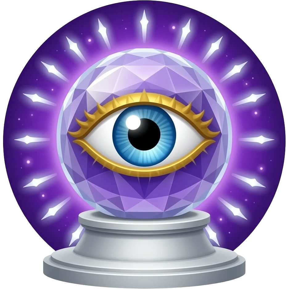 Crystal all-seeing ball on a stand (inside a purple nebula and an all-seeing eye with golden eyelashes) with white sparks (outside the edges) emoji