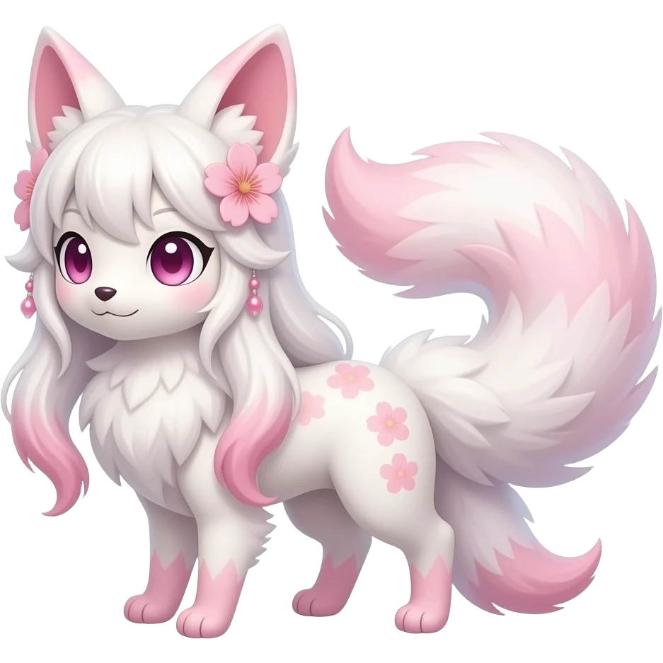 White sakura floral Fuzzy slim oriental feathery long-haired beaded mane cozy rosy aesthetic feathery Rosy beautiful Sylveon-Furret-Fennekin-Minccino-Espeon-Fakémon-hybrid emoji