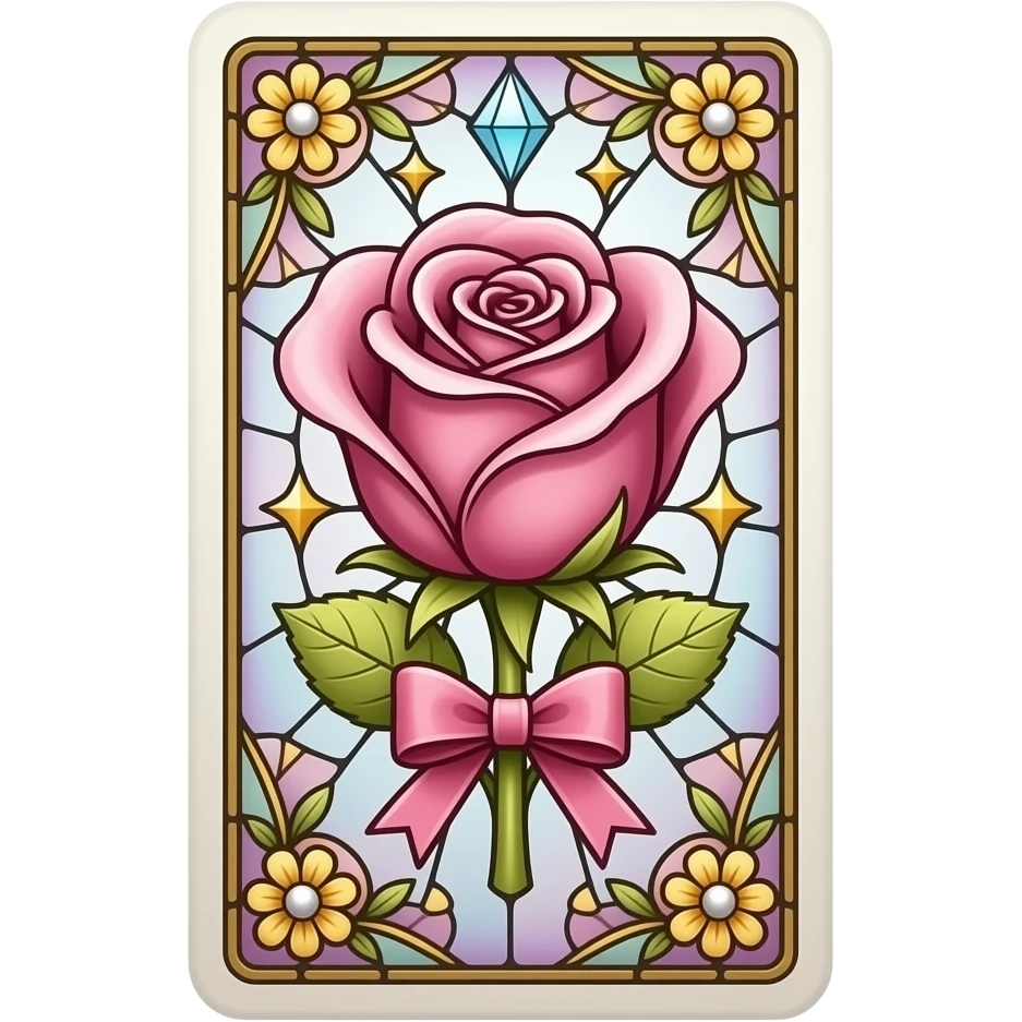 TAROT CARD, The Stained Glass Pink Rose, ornamented in gold and flowers and diamonds and pearls and stars and ribbon bows. emoji