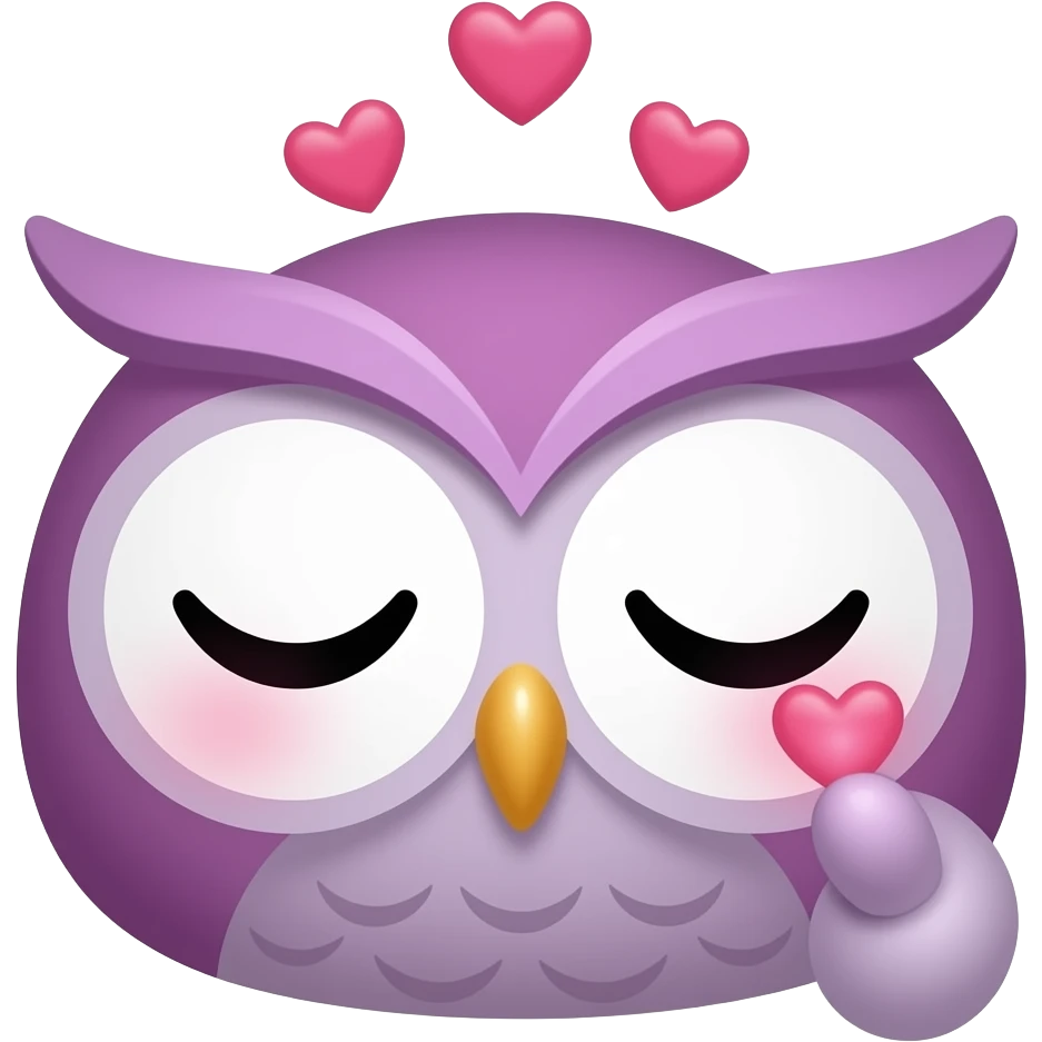 Twitch emote of a purple owl, DARK FANTASY style, just the FACE close-up, in love expression, eyes closed with hearts above head, blushing cheeks, holding a small glowing heart near face, simple flat vector, thick white outline, white background, square format emoji