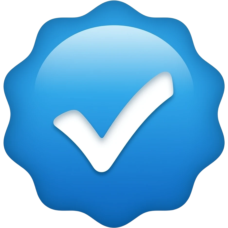 Vibrant blue scalloped badge icon featuring a thick, white rounded checkmark in the center, set against a clean, flat, minimalist background for a professional look. emoji