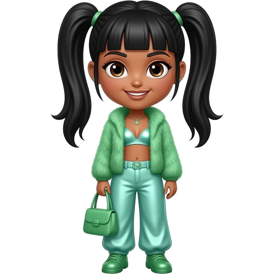 Left Eye from TLC with medium tan skin, dark brown eyes, black two high ponytail bang hair, green fur shawl, mint green metallic bra, mint green metallic baggy pants, green shoes emoji