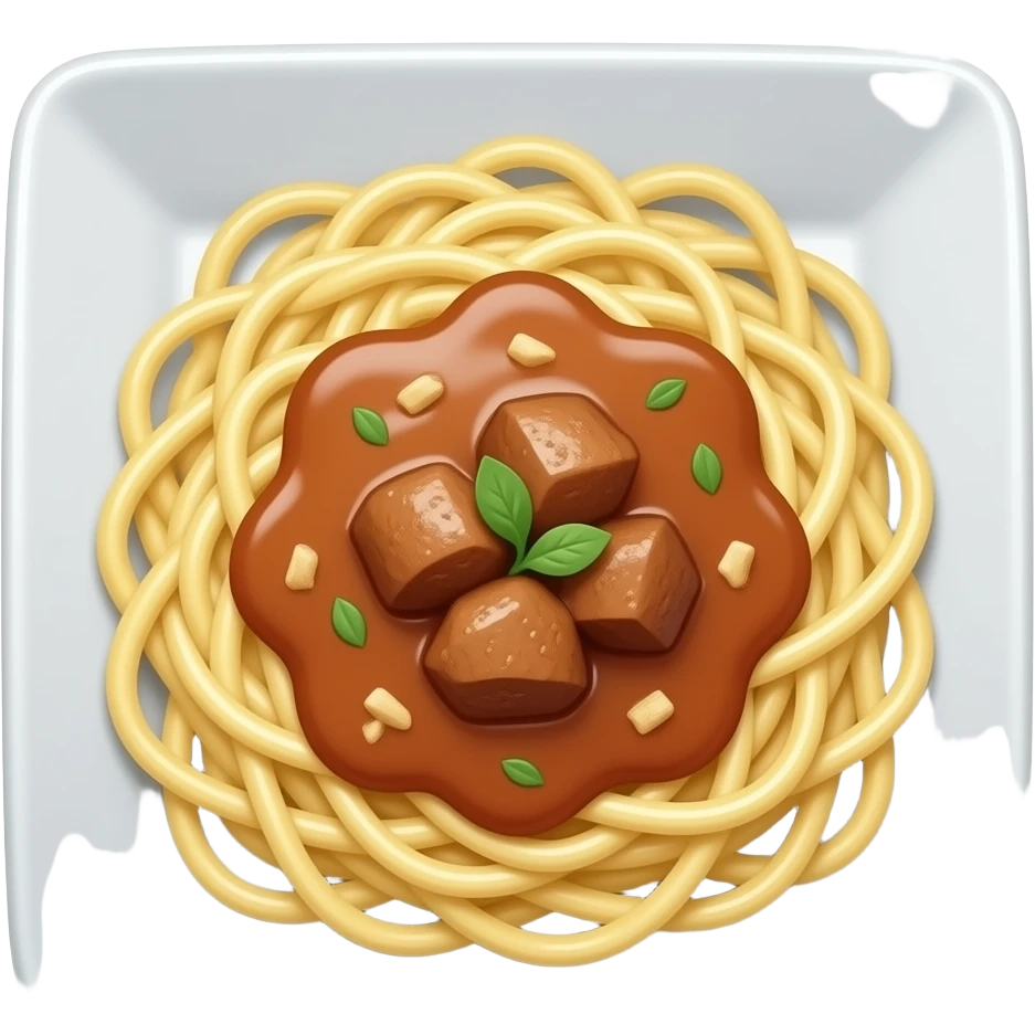 широкая лапша на тарелке квадратной с мясом в сливочном соусе emoji