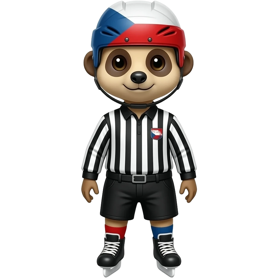 Create a meerkat hockey referee with skates and bald head and Czechs flag helmet showing NO-GOAL posture with both hands showing to side emoji