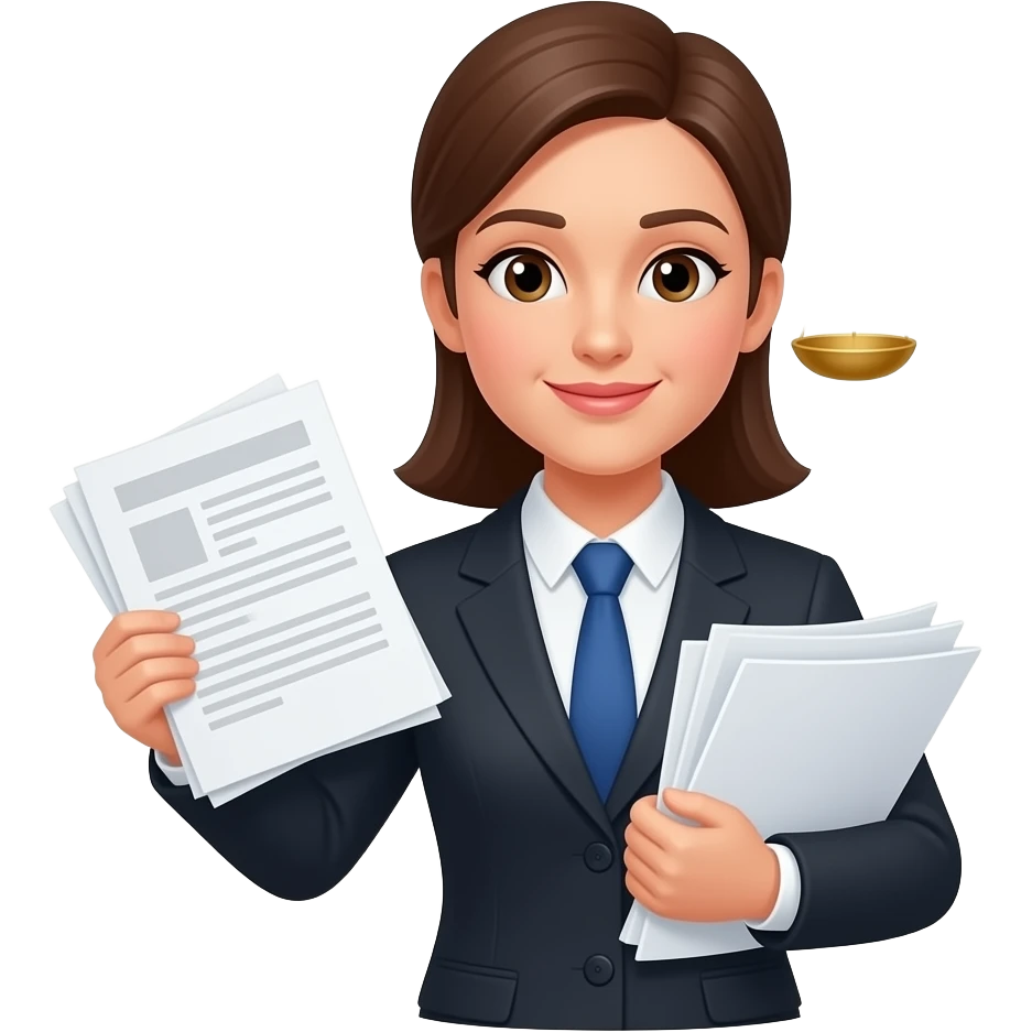 lawyer woman with documents in hand and libra next to her head emoji