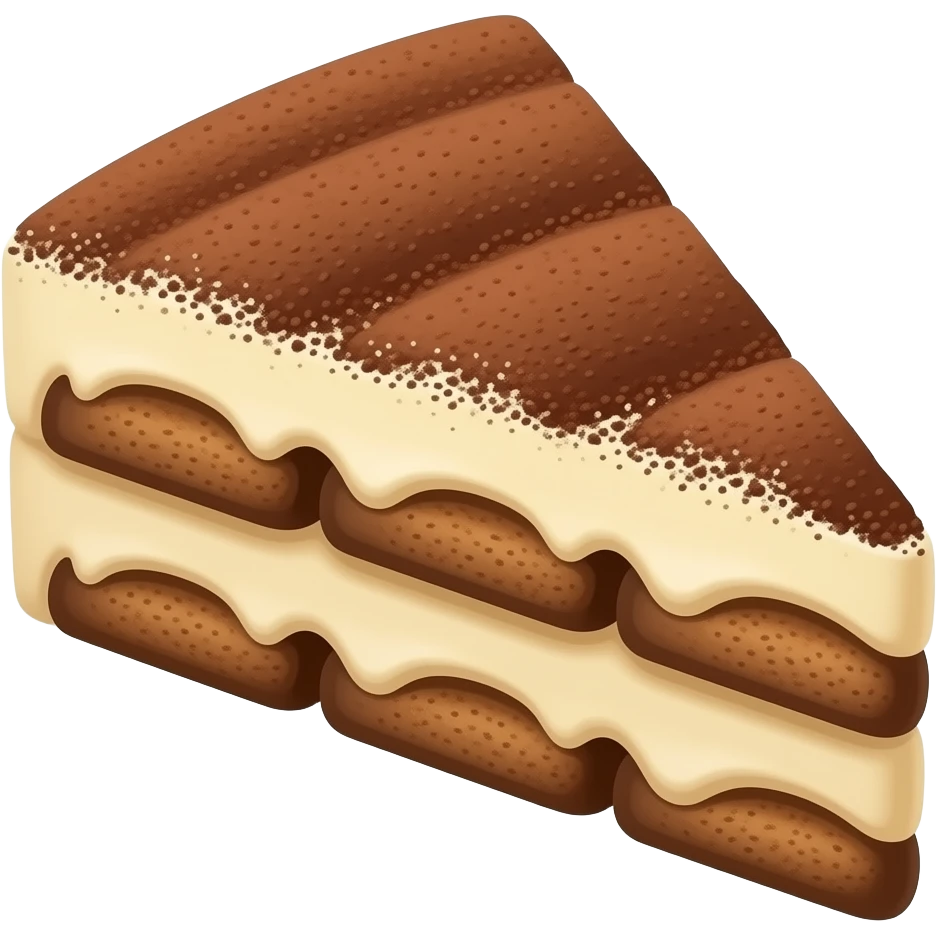 A triangular piece of tiramisu with alternating layers of coffee-soaked breading and creamy filling, topped with cocoa powder dusting, soft 3D lighting, isometric vector art, simple composition, studio lighting, no text, no plate, no utensils, no shadows on edges emoji