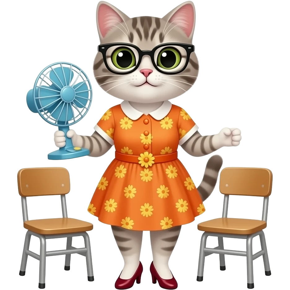 Mrs.Kat(Teacher(Orange-Yellow Mother Cat Of Kat(With Orange Short Dress With Yellow Flowers Without Plants Without Sleeves With Tiny Orange Belt With Yellow Flowers Without Plants, Dark Red High Heels Shoes And Black Eyeglasses))) Stands 2 Chairs On Legs Middle Fan Blowing Dress Up. emoji
