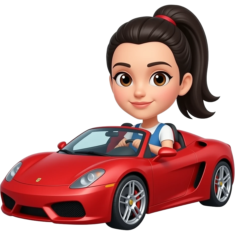 Girl with black hair ponytail and brown eyes driving a red sports car emoji
