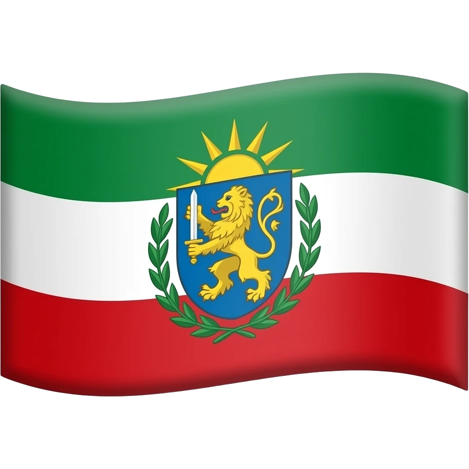 باشد و یه شیر زد در وسط آن باشد و یک شمشیر در دست او باشد و دور چند برگ زیتون باشد و پست او یک خورشید باشد برایم بساز یک پرچم که بالا سبز باشه وسط سفید و پایین قرمز emoji