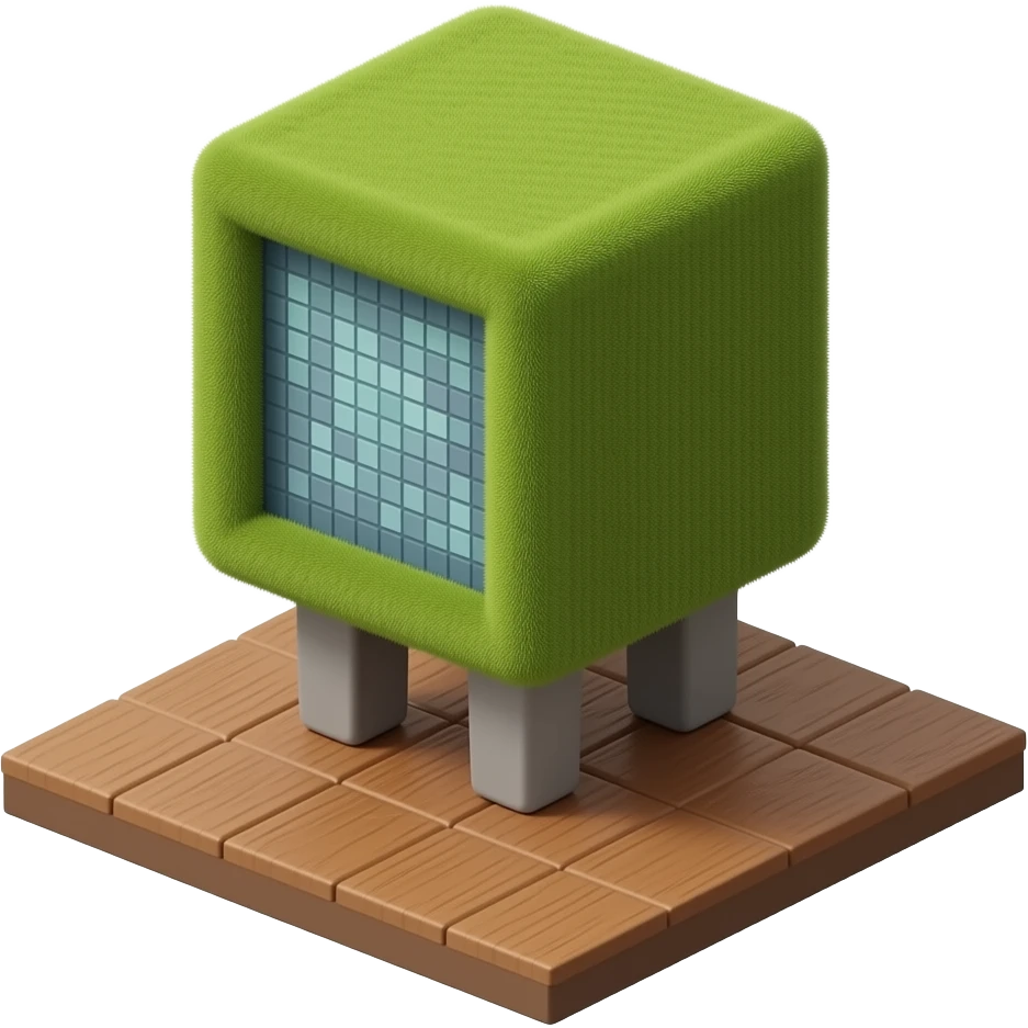 Compact cube form with rounded edges and soft moss-like synthetic ...