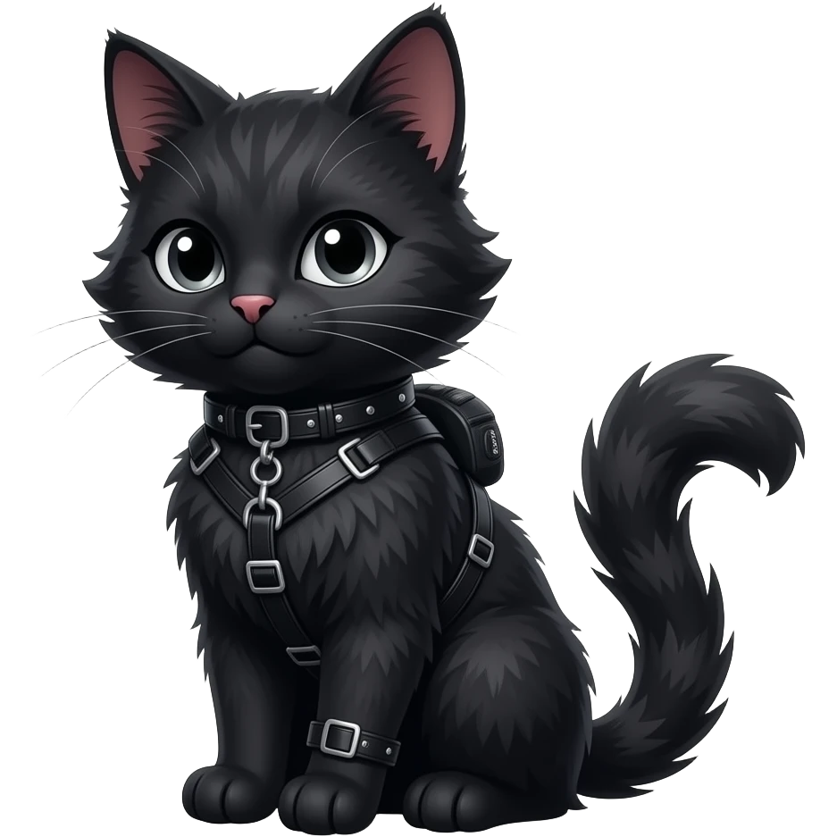 Gorgeous furry gothic dark techwear anime style anthro black cat fursona with blushing face aesthetic and pretty edgy black with collar and harness trending style emoji
