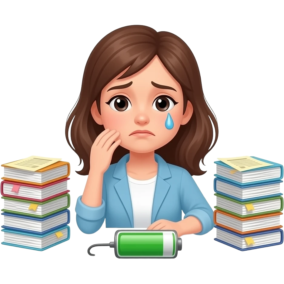 У женщины села батарейка, она без энергии у нее много дел и мыслкй emoji